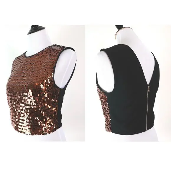Ali & Jay Size L Disco Ball Copper Sequin Crop Top Black Zip Back - Picture 1 of 13